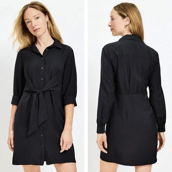 LOFT Dresses & Skirts - NEW Loft Dahlia Tie Front Mini‎ Shirt Dress Size 14 Black Collared Minimalist